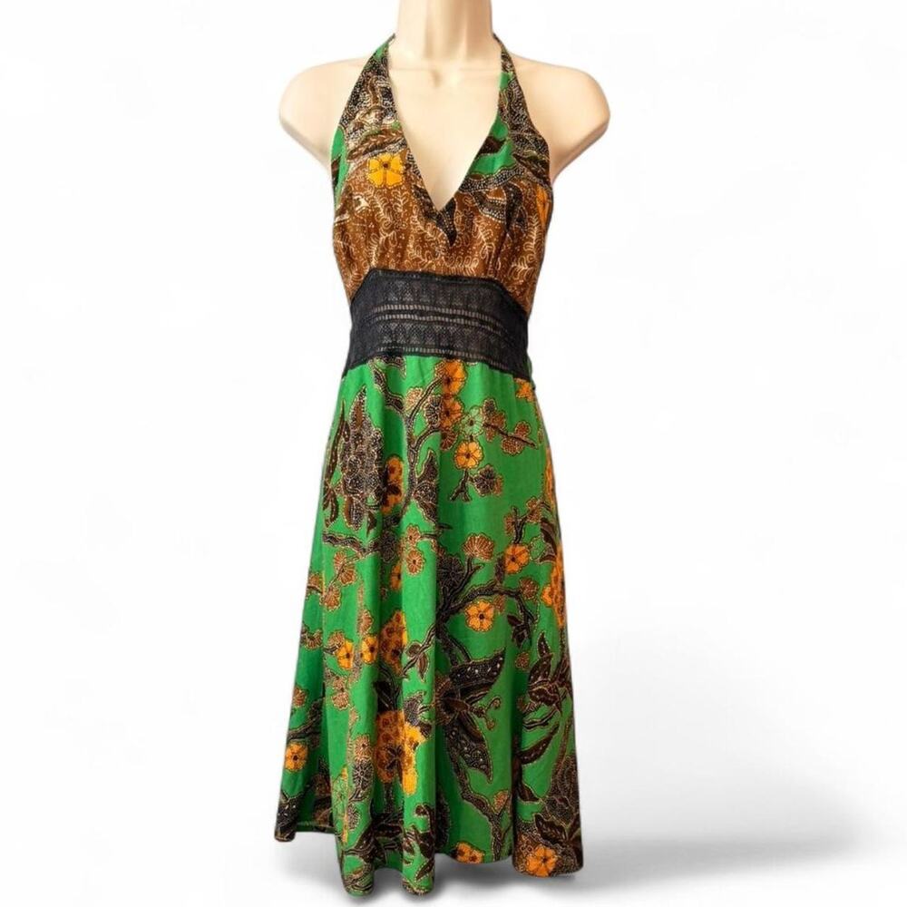Art Gecko brand, green and brown halter dress